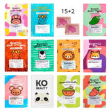 Paquete de 15 mascarillas coreanas faciales gran variedad rejuvenecedoras con múltiples beneficios para tu piel + REGALO 2 mascarillas de labios