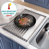 Escurridor de Trastes Enrollable, Extensible de Acero Inoxidable 304 Portátil sobre el Fregadero, Escurridor Portatil para Mostrador de Fregadero de Cocina con Caja de Cubiertos (33-60 × 32.5 CM)