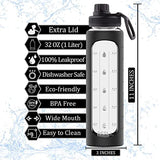 Botella de agua de vidrio de 32 onzas con marcador de tiempo y funda de silicona negra, tapa extra, botellas de agua de vidrio motivacionales, reutilizables, boca ancha, a prueba de fugas, botella de vidrio de 1 litro, sin BPA