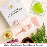MoValues Set de Rodillo Facial, Gua Sha y Minirrodillo de Cuarzo Rosa – Rodillo de Jade 100 % de Cuarzo Natural – Masajeador Facial para Cuidado de la Piel del Rostro, Ojos, Cuello - Reafirma y Matiza
