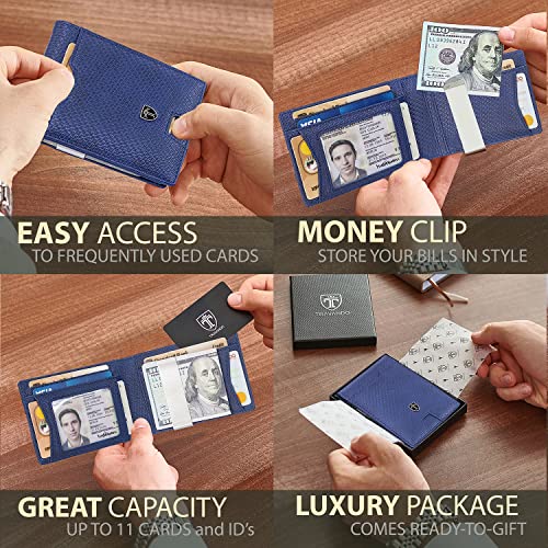 TRAVANDO AUSTIN - portafolios delgada para hombre con clip para dinero, bloqueo RFID, soporte para tarjetas de crédito plegable para hombre con caja de regalo, Azul y metal