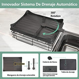 ▶ Escurridor de Trastes Acero Inoxidable para Mostrador de Cocina, Escurridor de Platos con Soporte para Copas de Vino, Estante para Cubiertos y Almohadilla de Secado Adicional (Negro)