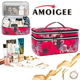 Bolsa de maquillaje grande, organizador de bolsas de maquillaje de viaje, bolsa de maquillaje de doble capa, bolsa de aseo para brochas de maquillaje, botellas de tamaño completo, paletas de esponja, organizador de cosméticos, Rojo (Large-Red), Large