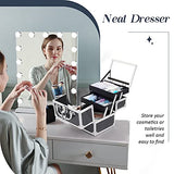 Costravio Estuche de tren de maquillaje, caja de cosméticos, capacidad inteligente, 2 bandejas, organizador de almacenamiento de maquillaje con espejo bloqueable para esmalte de uñas, joyería, organizador de cosméticos para niñas, Glitter Black, Almacenam