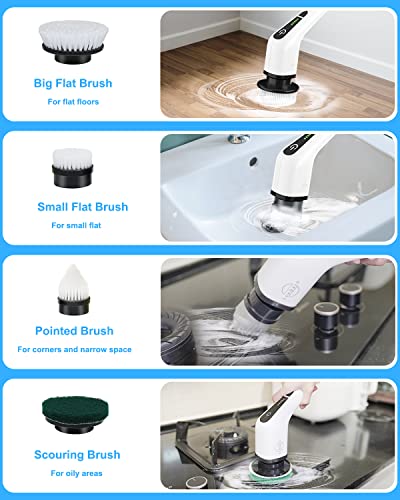 Leebein - Cepillo de limpieza inalámbrico con 8 cabezales de cepillo reemplazables, limpiador motorizado para bañera y piso con mango de extensión ajustable para el hogar, cocina, coche (2022 actualizado)