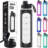 Botella de agua de vidrio de 32 onzas con marcador de tiempo y funda de silicona negra, tapa extra, botellas de agua de vidrio motivacionales, reutilizables, boca ancha, a prueba de fugas, botella de vidrio de 1 litro, sin BPA