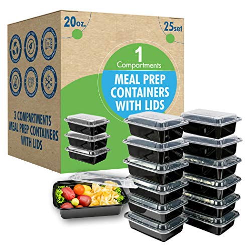 Juego de 25 recipientes de preparación de comidas de 560 g con tapas, ideal para contenedores de almuerzo, control de porciones, apilables, para microondas, lavavajillas y congelador