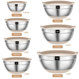Cuencos para mezclar con tapas herméticas, 20 cuencos de acero inoxidable de metal, parte inferior de silicona antideslizante, tamaño 7, 3.5, 2.5, 2.0, 1.5, 1.0.67 cuartos de galón, ideal para mezclar, hornear, servir (caqui)