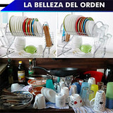 Escurridor de trastes 2 Niveles 18" (45 cm) con Porta Vasos, Porta Cubiertos y charola Inferior de plástico. Diseño Elegante Cromado.