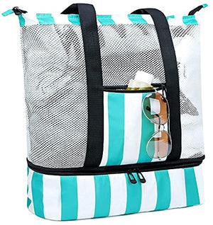 Bolsa de playa de malla con enfriador aislado, bolsas de piscina desmontables para mujer, turquesa (A Turquoise), Grande