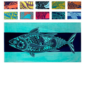 Toalla de playa Nova Blue Tuna Fish (34 x 63) - Toalla de playa de algodón a rayas azules hecha de 100% algodón - Toalla de piscina de secado rápido con diseño tropical - Toalla de playa grande de gran tamaño