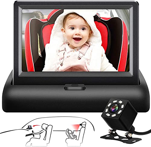 Shynerk Baby Espejo de coche, visualización HD de 4.3 pulgadas con función de visión nocturna para coche, espejo de seguridad para asiento de coche, espejo monitoreado con amplia visión cristalina, dirigido al bebé, observa fácilmente el movimiento del be