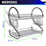 Escurridor de trastes 2 Niveles 18" (45 cm) con Porta Vasos, Porta Cubiertos y charola Inferior de plástico. Diseño Elegante Cromado.