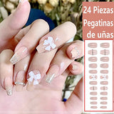 Paquete de 4 uñas postizas mate, 96 hojas de parches para uñas, contiene 8 hojas de pegamento de gelatina para salón de uñas, decoración de uñas florales para mujeres y niñas (Sección larga - 4pk)