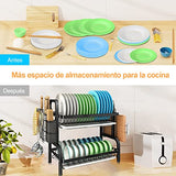 ▶ Escurridor de Platos, 2 Niveles de Acero Inoxidable con Escurridor, Soporte para Utensilios, Soporte para Tabla de Cortar, Escurridor de Platos Grande a Prueba de óxido para Encimera de Cocina