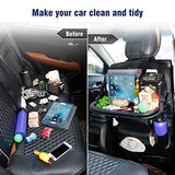 Tsumbay Organizador de asiento trasero de coche con soporte para tablet, 9 bolsillos de almacenamiento, organizador de almacenamiento de coche de piel sintética con bandeja de mesa plegable, protectores de asiento de coche, alfombrillas de patada, accesor