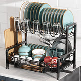 Escurridor de Trastes de 2 Niveles con Placa de Drenaje, Escurridor de Platos Grande de Acero Inoxidable para Encimeras de Cocina, Escurreplatos con Portavasos (Negro)