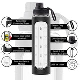 Botella de agua de vidrio de 32 onzas con marcador de tiempo y funda de silicona negra, tapa extra, botellas de agua de vidrio motivacionales, reutilizables, boca ancha, a prueba de fugas, botella de vidrio de 1 litro, sin BPA