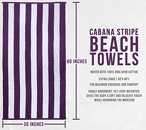 Paquete de 4 toallas de playa Cabana a rayas, (30 x 60 pulgadas), de gran tamaño, 100% algodón hilado en anillo, altamente absorbentes, de secado rápido, para baño, y toalla de natación (ciruela)