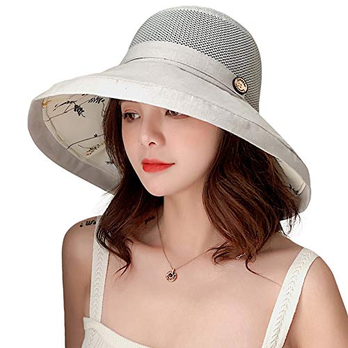 Sombreros de malla para mujer, para verano, playa, protección UV, UPF plegable, correa de barbilla de ala ancha, Gris, M