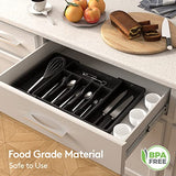 Organizador de cajones de cubiertos, bandeja extensible para utensilios de cocina, soporte ajustable para cubiertos y cubiertos, almacenamiento compacto de plástico para cucharas, tenedores, cuchillos, grande, negro