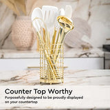 Juego de utensilios de cocina de silicona blanca y dorada con soporte, juego de 7 utensilios de cocina dorados que incluye batidor dorado, espátula dorada, utensilios de cocina blancos y soporte de utensilios dorados, accesorios de cocina dorados