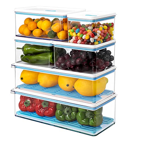 Recipientes de plástico para almacenamiento de alimentos con tapas, juego de 6 piezas apilables para refrigerador, a prueba de fugas, para frutas, verduras, huevo de carne, Transparente, Azul