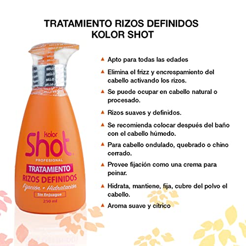 Tratamiento Profesional Rizos Definidos - Kolor Shot - Curly Hair - Hidratación para el cabello maltratado - Fijador activador de rizos - Sin enjuague - 250 ml.