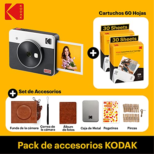 KODAK Mini Shot 3 Retro 4PASS 2-en-1 Cámara Instantánea y Impresora de Fotos (7,6x7,6cm) + Pack de Regalo con 68 Hojas, Blanco
