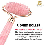 MoValues Set de Rodillo Facial, Gua Sha y Minirrodillo de Cuarzo Rosa – Rodillo de Jade 100 % de Cuarzo Natural – Masajeador Facial para Cuidado de la Piel del Rostro, Ojos, Cuello - Reafirma y Matiza