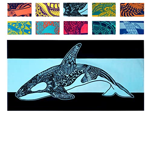 Toalla de playa Nova Blue Orca (34 x 63) – Color azul marino y azul con diseño de ballena tropical Toalla de playa de viaje hecha de 100% algodón – Toalla de manta colorida vibrante – Toalla de playa extra grande