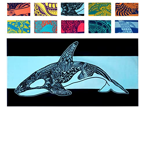 Toalla de playa Nova Blue Orca (34 x 63) – Color azul marino y azul con diseño de ballena tropical Toalla de playa de viaje hecha de 100% algodón – Toalla de manta colorida vibrante – Toalla de playa extra grande