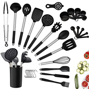 Juego de utensilios de cocina, 34 utensilios de cocina de silicona con soporte, resistentes al calor, antiadherentes, sin BPA, mango de acero inoxidable, cucharas de silicona, espátula, batidor, pinzas de medición, tazas de cocina