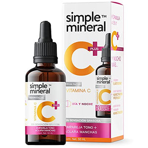 Serum Vitamina C 4 en 1 Rosa Mosqueta, Acido Hialuronico y Colageno Hidrolizado - Simple Mineral Hidratante Facial Aclarante de Piel con Vitamina C Serum Facial con efecto Aclarador de Piel quita manchas en la cara 60% más contenido (vs serums 30ml)