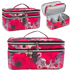 Bolsa de maquillaje grande, organizador de bolsas de maquillaje de viaje, bolsa de maquillaje de doble capa, bolsa de aseo para brochas de maquillaje, botellas de tamaño completo, paletas de esponja, organizador de cosméticos, Rojo (Large-Red), Large