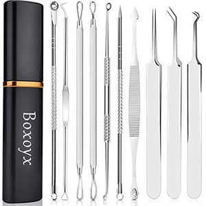 Herramienta removedora de puntos negros, Boxoyx 10 piezas profesional extractor de comedones de espinillas, kit de eliminación de acné – Tratamiento para espinillas, puntos negros, eliminación de zit, frente, facial y nariz (plata)