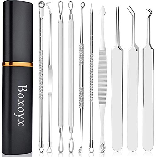 Herramienta removedora de puntos negros, Boxoyx 10 piezas profesional extractor de comedones de espinillas, kit de eliminación de acné – Tratamiento para espinillas, puntos negros, eliminación de zit, frente, facial y nariz (plata)