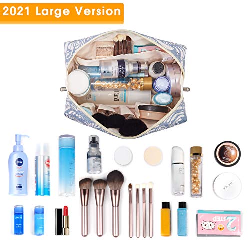 Bolsa de maquillaje grande con cremallera, organizador de cosméticos de viaje para mujeres y niñas, Hoja Azul, Large