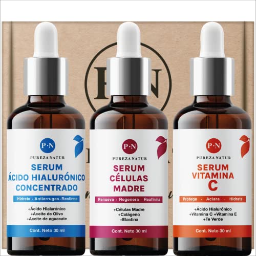 Kit Serum facial Acido Hialurónico, Vitamina C y Células Madre anti edad | Paquete completo de serum para el cuidado de la piel, hidratación y rejuvenecimiento (Kit AH + Celulas madre + Vit C)