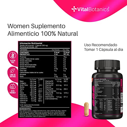 VitalBotanics Women Multivitamin + con 60 capsulas. Multivitamínico para Mujer de Alta Potencia con Colágeno Hidrolizado, Ácido Fólico, Biotina, Hierro, Calcio, Magnesio, Maca, Zinc y Vitaminas D, B1, B2, B3, B5, B6, B12, K1.