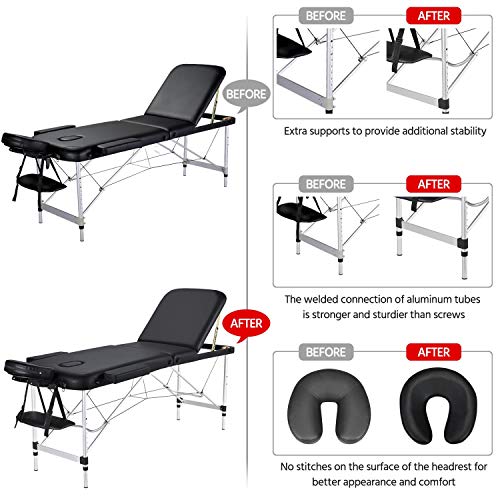 Mesas de masaje, cama de pestañas portátil para extensiones de pestañas, mesa de tatuaje, altura ajustable, cama de spa ligera con bolsa no tejida, color negro