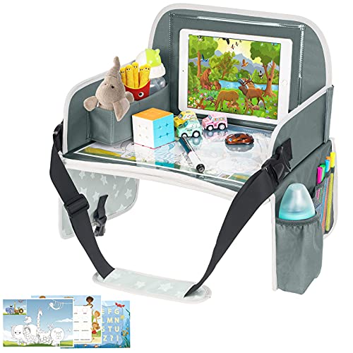 Bandeja de viaje para niños, bandeja de asiento de coche para niños pequeños con tablero de borrado en seco, mesa de viaje plegable con soporte para iPad, bolsillo de almacenamiento, bandeja para niños para viajes por carretera, cochecito de coche, avión,