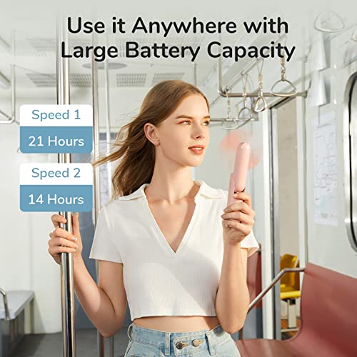 Miniventilador de mano recargable por USB con 14 – 21 horas, función de banco de energía, ventilador de escritorio portátil de bolsillo, plegable, dos velocidades, silencioso, función de linterna para mujeres y exteriores (rosa)