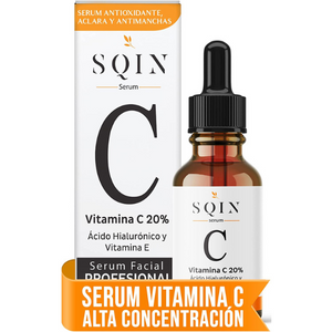 Serum Vitamina C y Ácido Hialurónico Facial. Aclara la Piel, Antimanchas facial + Antiarrugas + Antioxidante, Suero Facial de Día Vitamina C 20% y Vitamina E , Skin care SQIN LX, 30ml