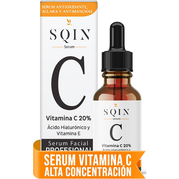 Serum Vitamina C y Ácido Hialurónico Facial. Aclara la Piel, Antimanchas facial + Antiarrugas + Antioxidante, Suero Facial de Día Vitamina C 20% y Vitamina E , Skin care SQIN LX, 30ml