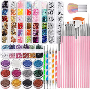 Manicura Decoración, Kit de Accesorios Decoración Uñas Nail Art, 38Pcs Suministros de Uñas con Juego, 15 Pinceles para Uñas, Lápiz de Punto, Uñas de Estrás, Copos de Hoja de Oro, para Diseños de Uñas en Casa