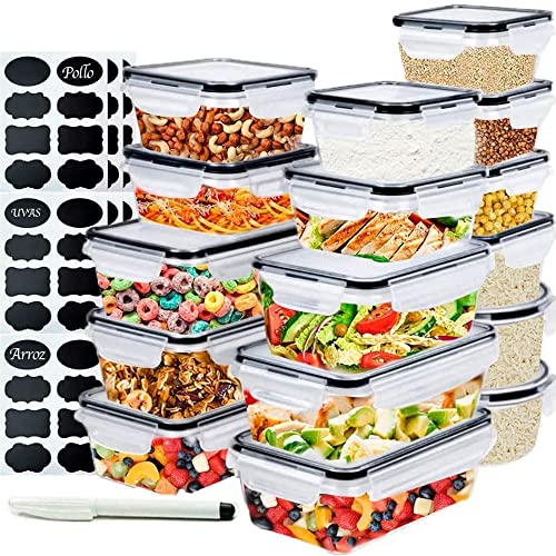 Juego de 16 recipientes herméticos para almacenamiento de alimentos, organización y almacenamiento de cocina, sin BPA, contenedor de plástico transparente con tapas, resistente a frio o calor.