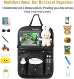 Tsumbay Organizador de asiento trasero de coche con soporte para tableta, 9 bolsillos de almacenamiento de cuero sintético organizador de almacenamiento de coche con plato plegable para asiento de coche protectores de respaldo para niños accesorios de via