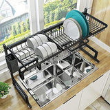 SPOWAY Escurridor de Platos para el Fregadero, Escurridor de Platos de 2 Niveles de Longitud Ajustable (85 a 100 cm), Estante para Secar Platos Sobre el Fregadero con Soporte para Utensilios para Platos para Organizar la Cocina, Acero al Carbono