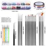 Kit de Accesorios Decoración Uñas, Kit de Diseño Arte de Uña con 15 Pinceles para Uñas, 5 de Lápiz de Punto, Uñas de Estrás, Copos de Hoja de Oro, 10 Cintas Adhesivas Uñas, Decoración Uñas Nail Art para Diseño Arte de Uña